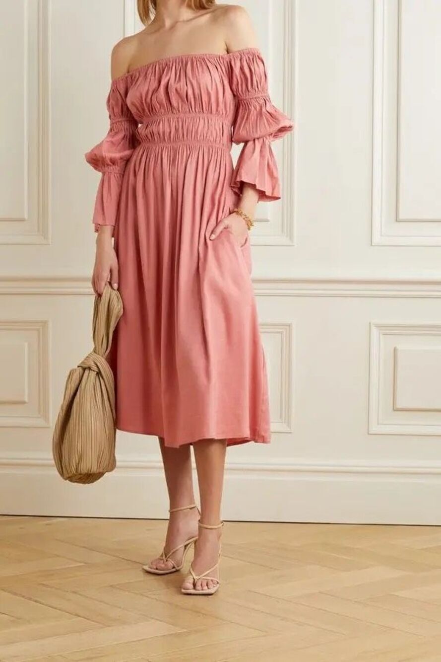 Cult Gaia Stella Shirred Off-the-Shoulder Linen Midi Dress in Jaipur XS